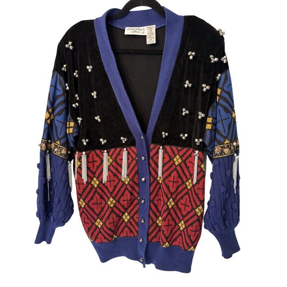 Vintage Bonnie Boerer‎ Funky Red & Blue Holiday Sweater Oversized Shldr Pads Med - Picture 1 of 9